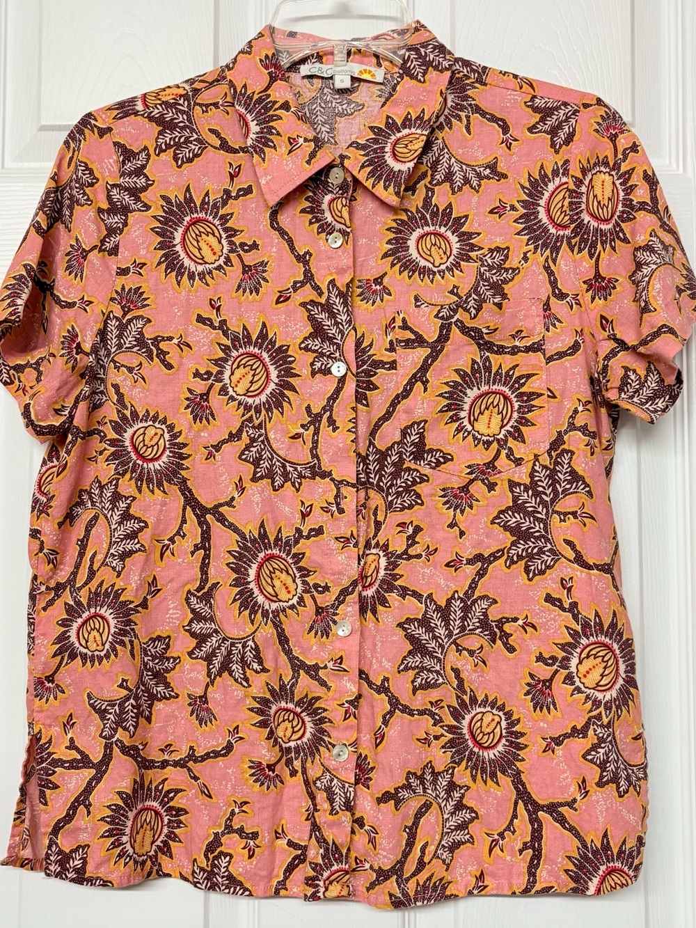 C & C California Linen Blend Floral Print Button Front Top Sz S